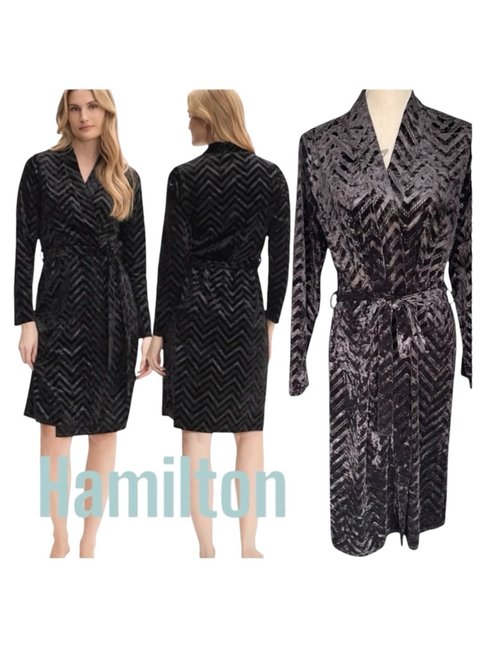 NWOT Hamilton Black Zigzag Embossed Velvet Robe (M/L)